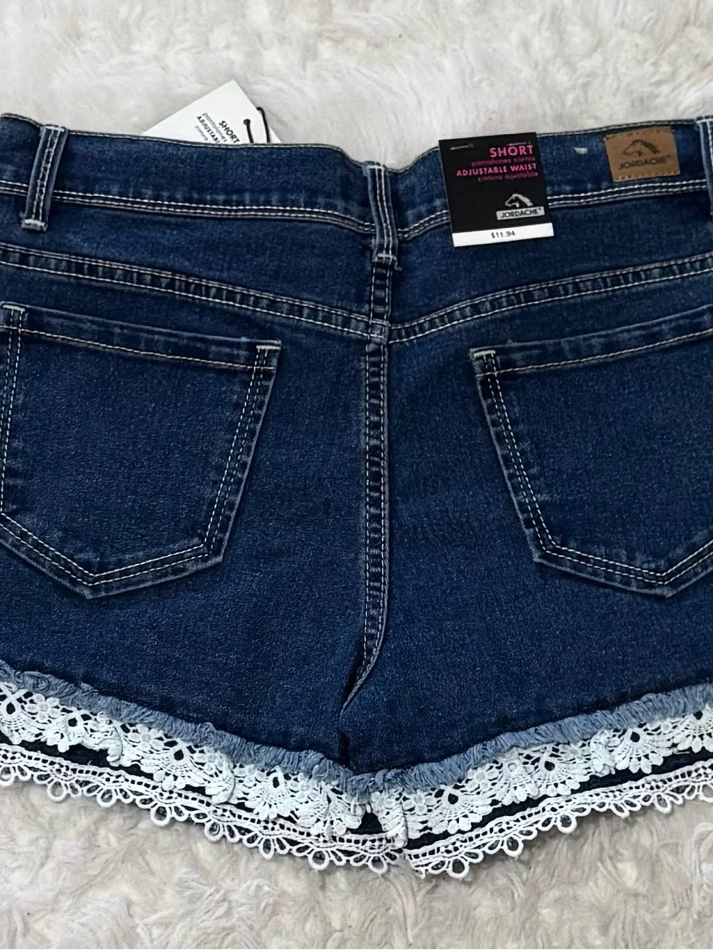 Jordache Dark Blue Denim Shorts adjustable size 16 Waist with White Lace Hem